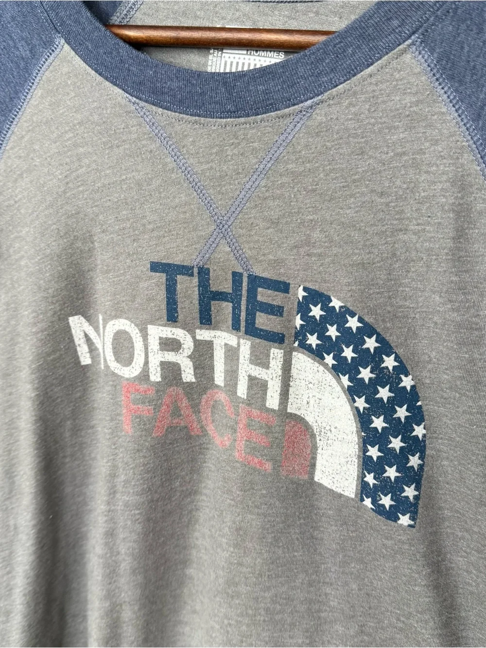 The North Face Americana Baseball Tee Heather Grey Blue 3/4 Raglan Shirt Large